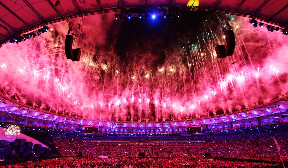 Opening ceremony: Fireworks over the Maracana Stadium.
