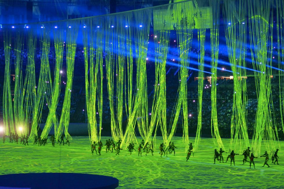 Opening ceremony: The stadium is bathed in green light 
