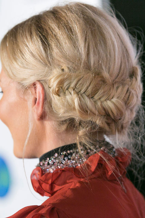 A different take on Heidi braids is a loose fishtail plait across the back of the head. 
